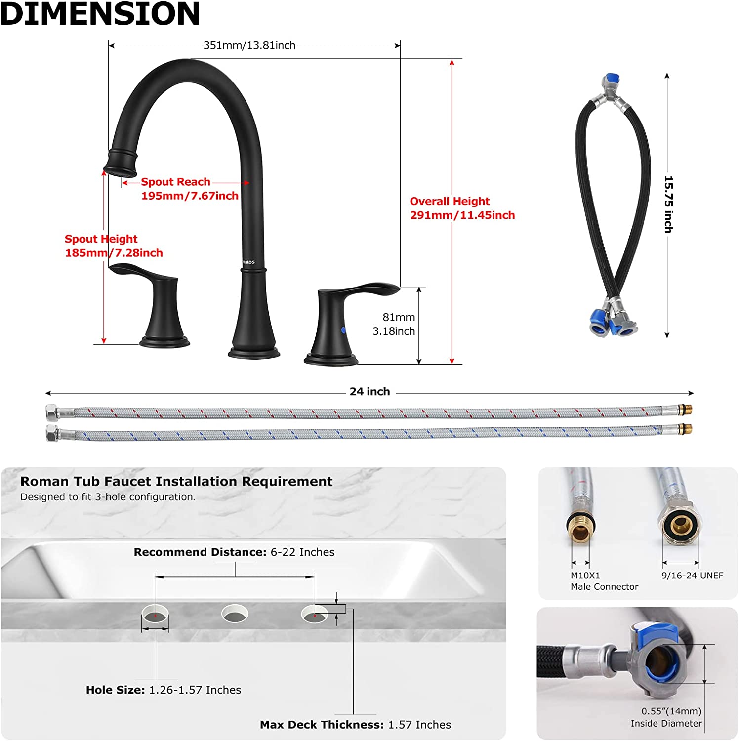 PARLOS High Arc 2-Handle Widespread Roman Tub Faucet with Valve & Faucet Supply Lines, Matte Black