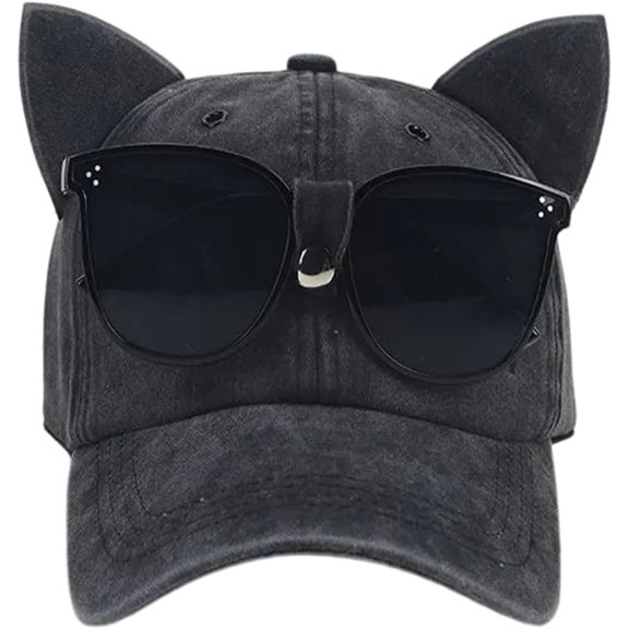 Cat Ears Baseball Cap with Sunglasses Personality Cool Girls Boys Unisex Hip-hop Sun Hat Washed Retro Cotton