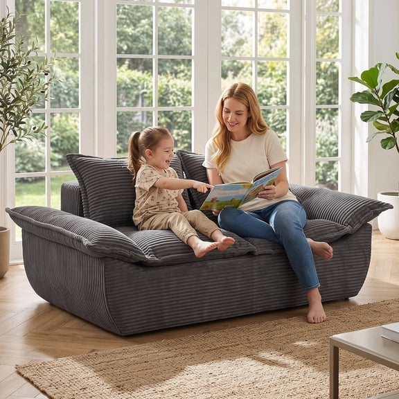 Boneless Loveseat 56", 2-Seater Gray Sofa with Removable Cushions & 2 Pillows, Small Compress Foam Couch for Living Room, Apartments, Office