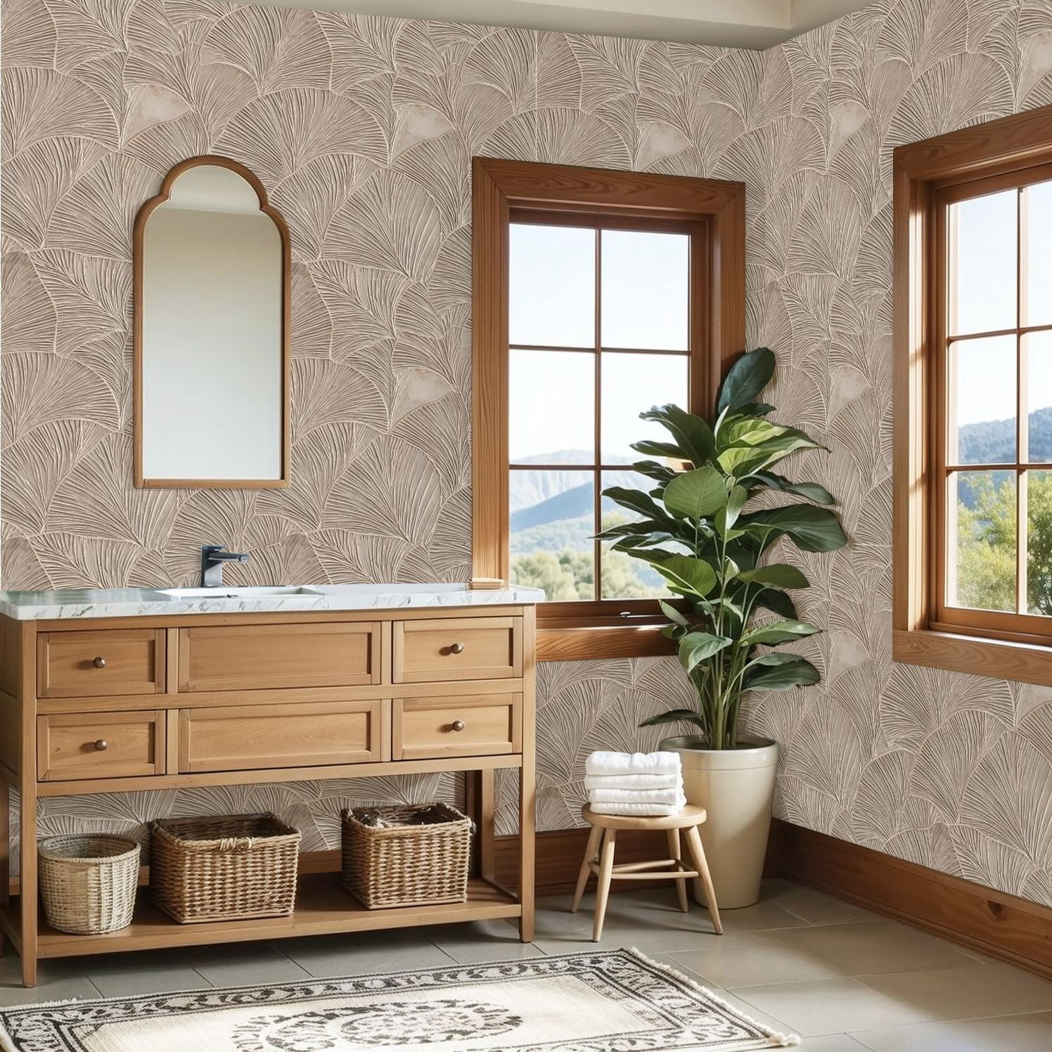 Peel and Stick Wallpaper Textured Beige Leaf Intricate Veins Curved Design Wall Mural 23.6in x 9.8ft Self Adhesive Removable Wall Paper Renter Friendly Wallpaper for Nursery Bedroom Cabinets