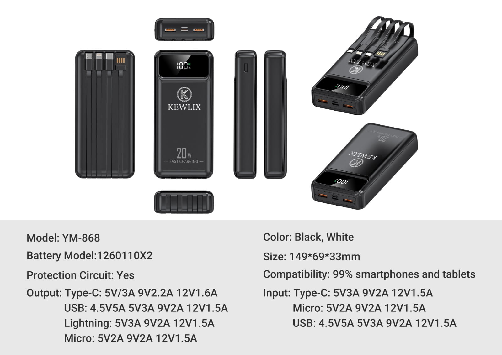 Power Bank, 10000mAh Portable Charger Power Bank with Built-in Cables, 22.5W Fast Charging Battery Pack, LED Display, Multiple Output and Input, Compatible with iPhone, Samsung and Android