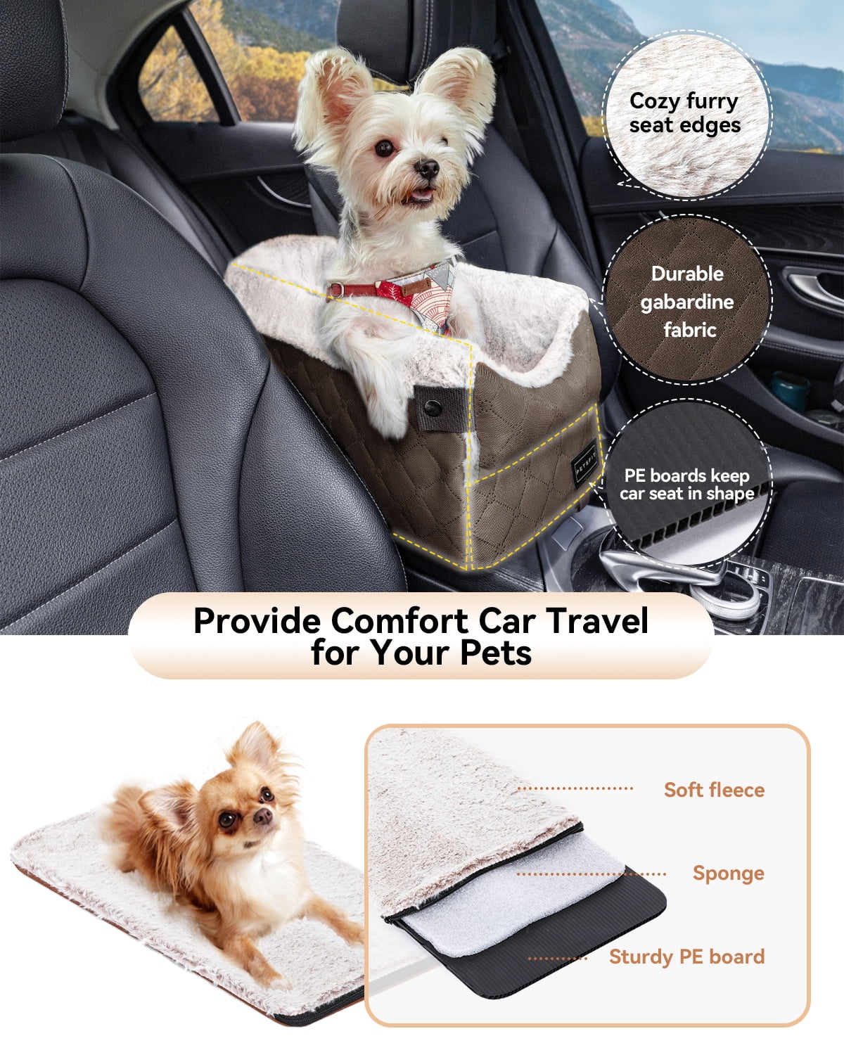 PETSFIT Center Console Dog Car Seat with Safe Protection Hooks, Pet Car Seat with Upgraded Safety Tethers, Washable Cushion, Console Dog Car Seats for Small Dogs (Coffee)