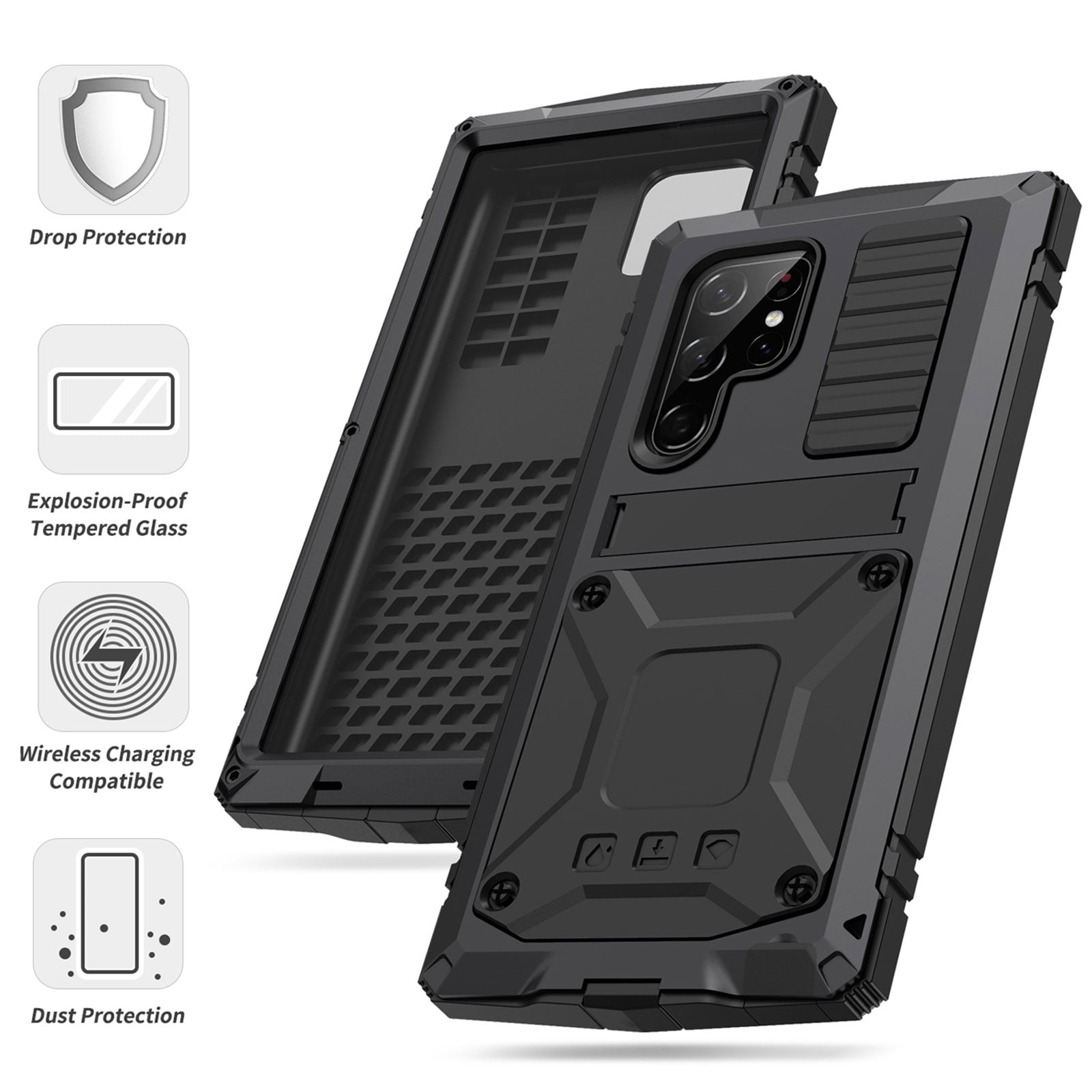 Samsung S22 Ultra Rugged Full-Body Case, Metal Bumper Built-in Screen Protector&Kickstand,Dustproof Drop-Proof,Full Body Protection Heavy Duty Military Cover For Samsung Galaxy S22 Ultra, Black
