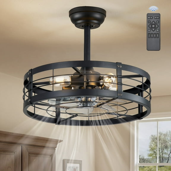 Lokivas 20 Inch Black Caged Ceiling Fan with Light, Industrial Fandelier with Remote Control, 6-Speed & Timer, Farmhouse Style for Kitchen, Bedroom, Covered Patio