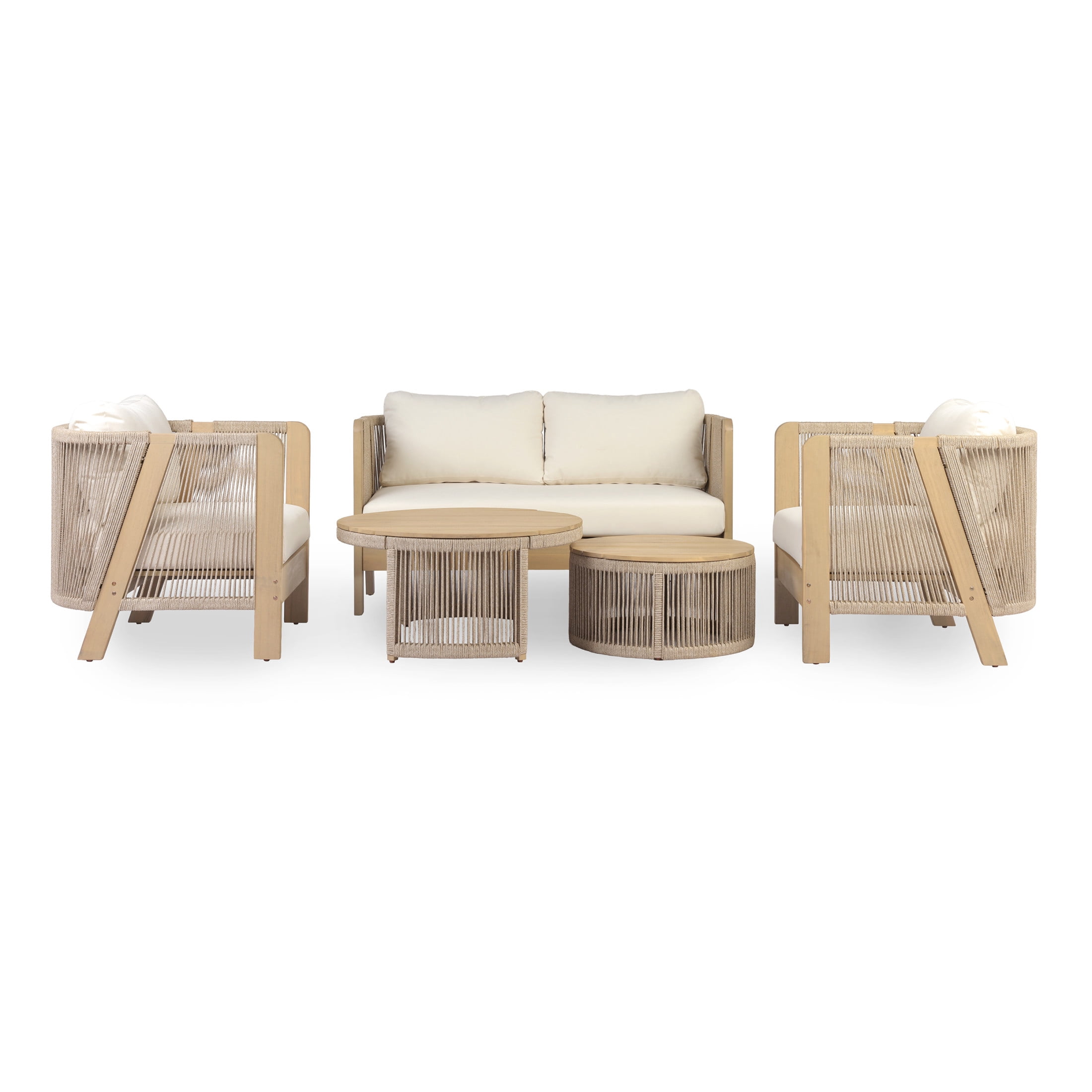 Christopher Knight Home 5-Piece Patio Conversation Set, Rope Accent Seating with Cushions, Light Teak+Cream