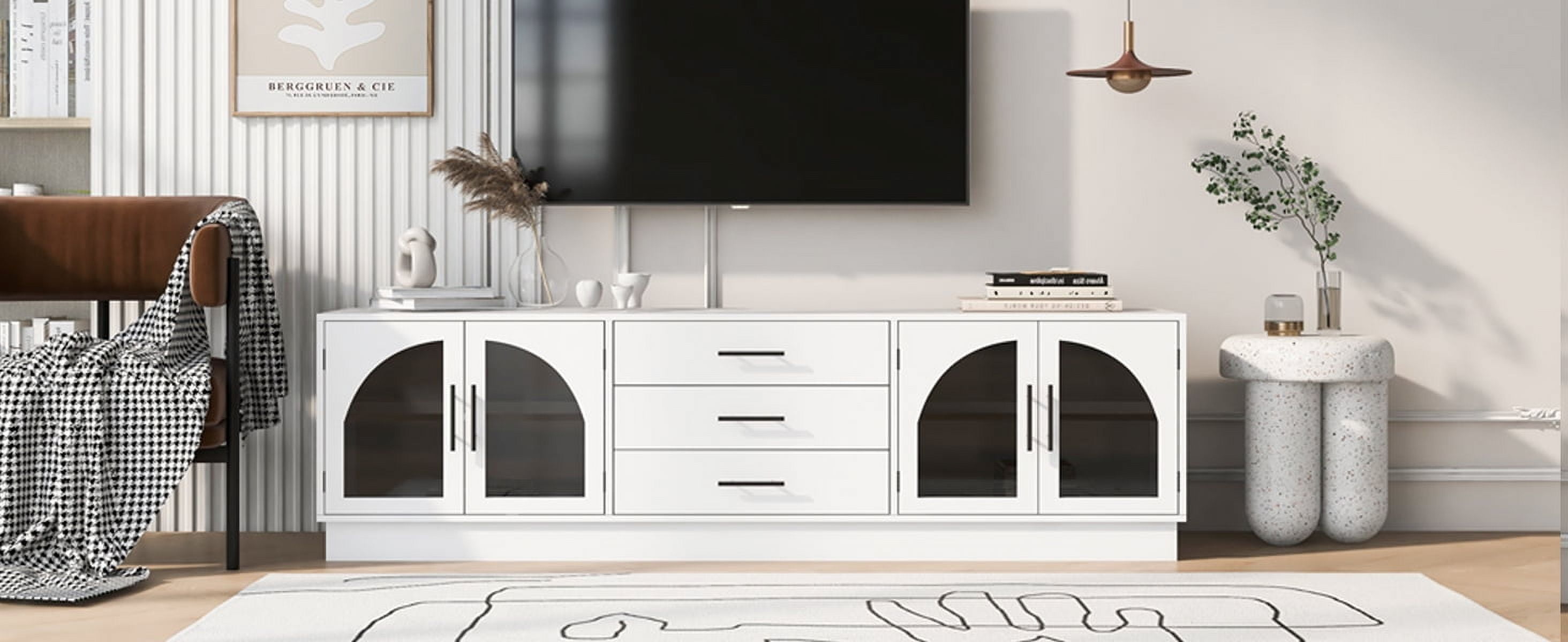 Euroco Modern TV Stand with Arched Glass Doors, Drawers & Adjustable Shelves for TVs up to 75 Inches
