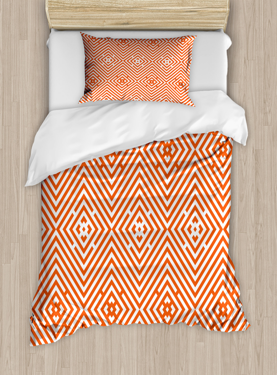 Burnt Orange Duvet Cover Set, Rhombuses in Bullseye Pattern with Herringbone Zigzag Stripes