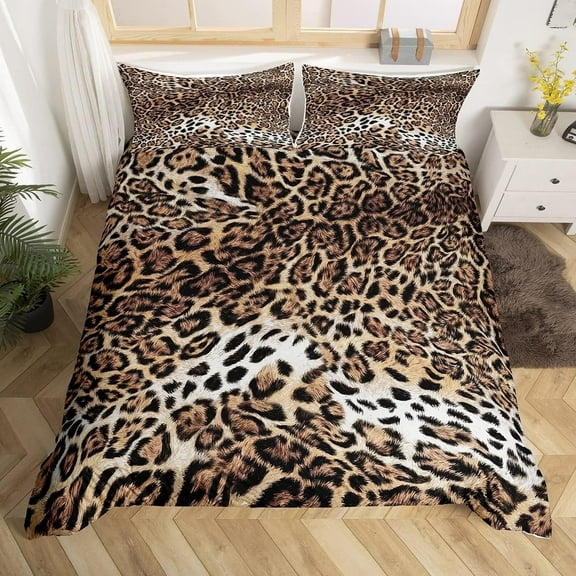 Erosebridal Leopard Print Duvet Cover Set Cheetah Bedding Sets Queen,Safari Animal Comforter Cover Jungle Theme Bedding Animal Design Quilt Cover,Luxury Cozy Breathable Brown Duvet Cover 3-Piece