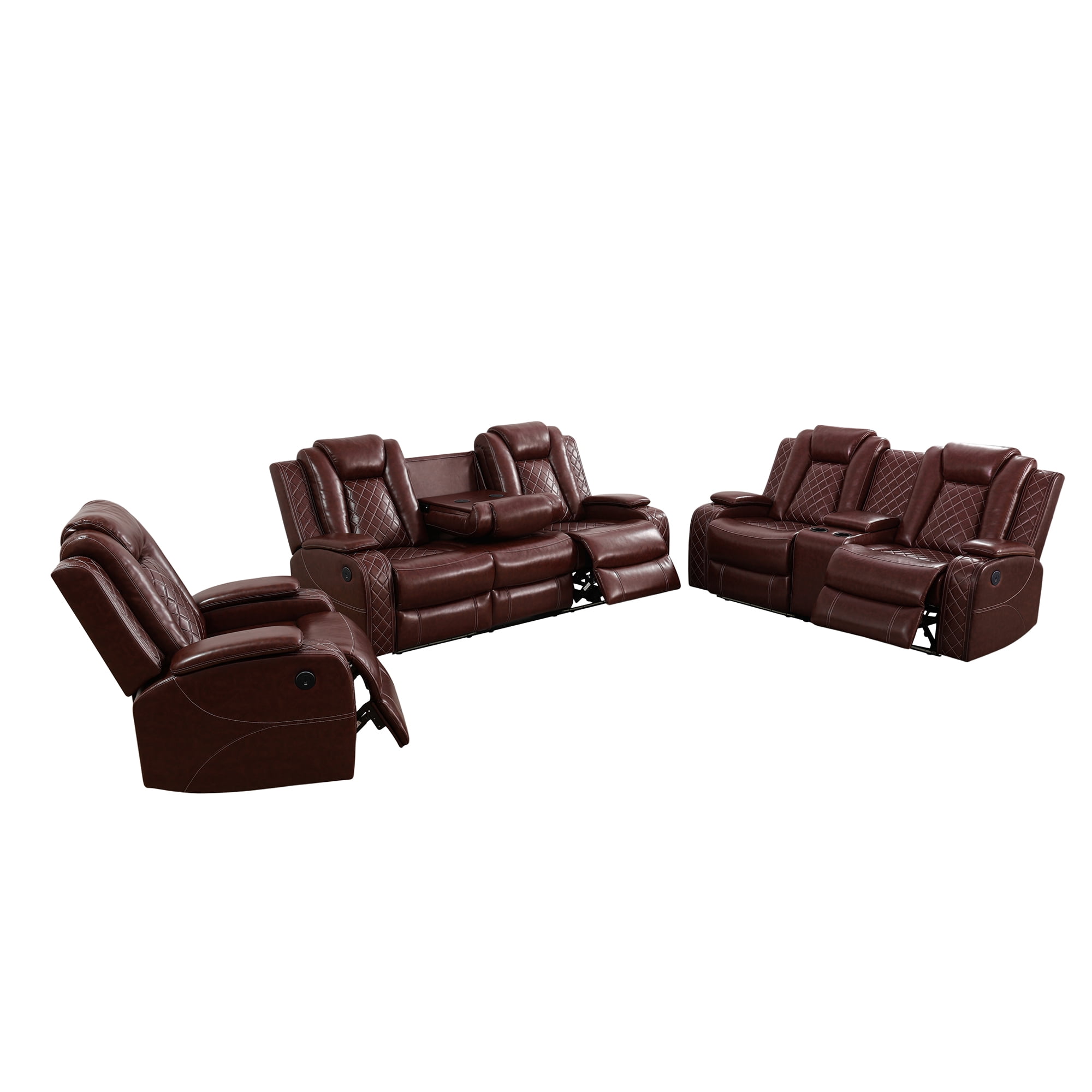 Gewnee 3-Seat Power Adjustable Sofa with 2 Recliners, Console & Cup Holders, Air Leather, Adjustable Recline, Ideal for Living Room,Brown