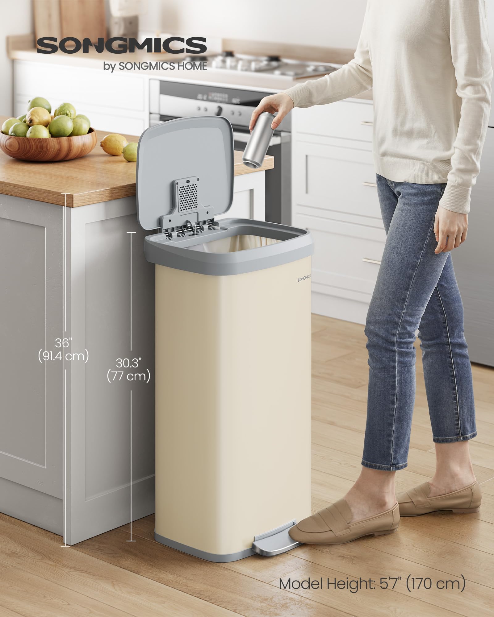 Kitchen Trash Can, 18-Gallon Stainless Steel Garbage Can, with Stay-Open Lid and Step-on Pedal, Soft Closure, Tall, Large and Space-Saving, Sand Beige and Dove Gray