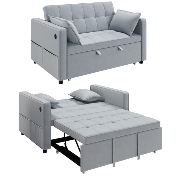 HOMCOM Sofa Bed, Pull Out Sleeper Sofa w/ USB Charging, Adjustable Backrest