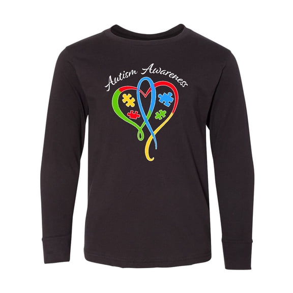 Inktastic Autism Awareness Heart Ribbon and Puzzle Pieces Long Sleeve Youth T-Shirt