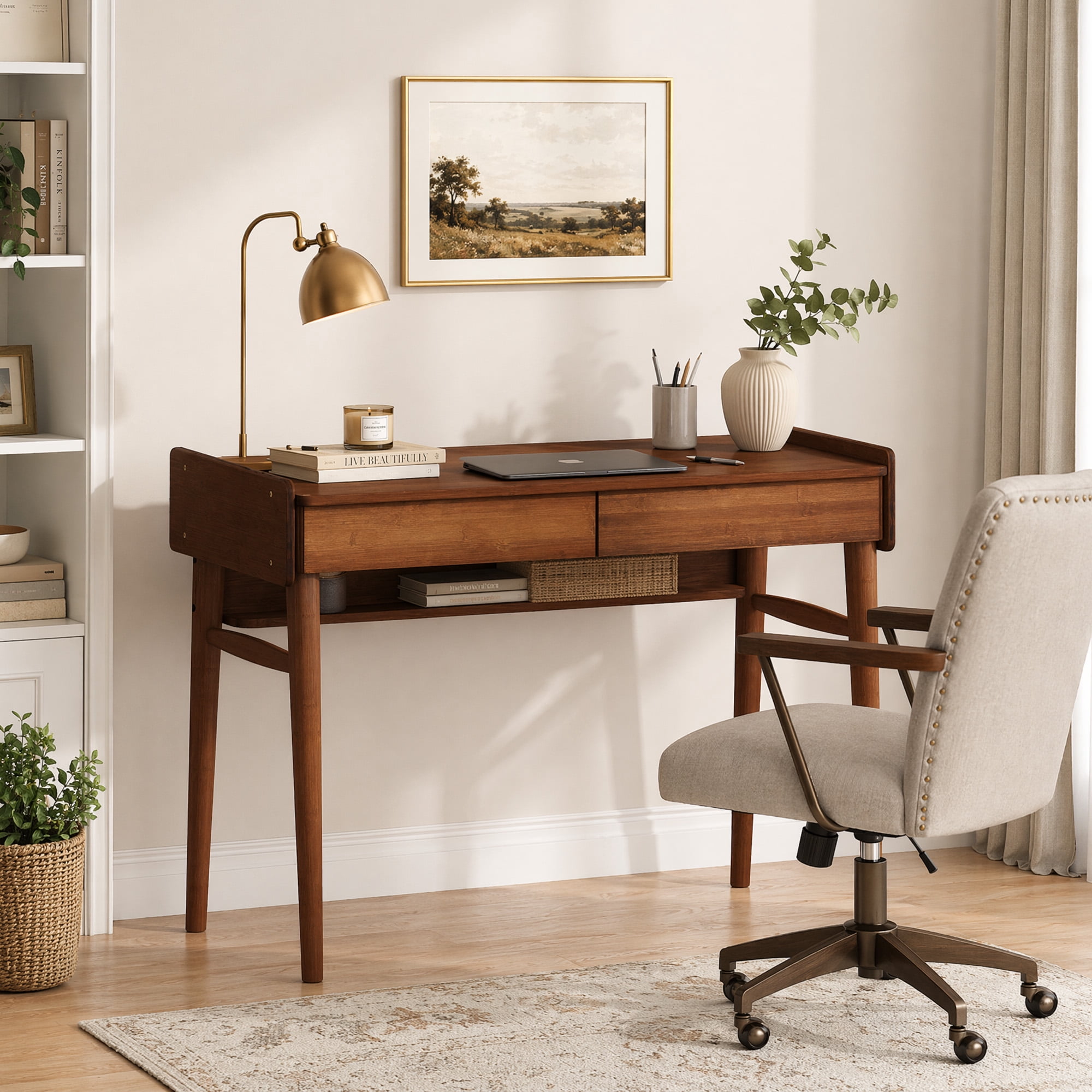 39.5" Writing Desk with 2 Storage Drawers and Open Shelf, Computer Desk Study Desk for Small Spaces,Walnut