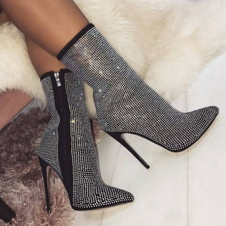 

Herrnalise Women s Nightclub Sexy Rhinestone High Heel Side Zipper Nude Boots Ankle Boots Shoes for Girls