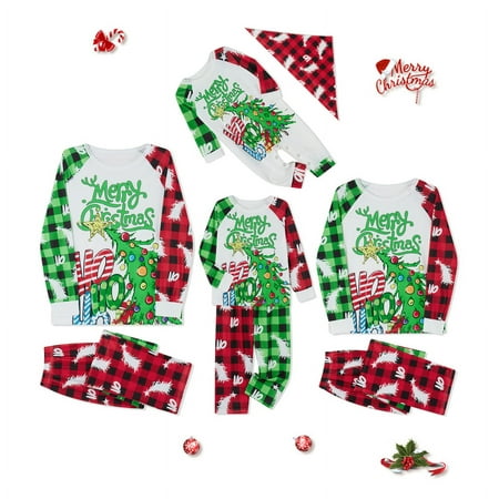 

wybzd Family Matching Christmas Pajamas Set Xmas Tree Letter Print Round Neck Long Sleeve Tops Plaid Long Pants for Parents Kids