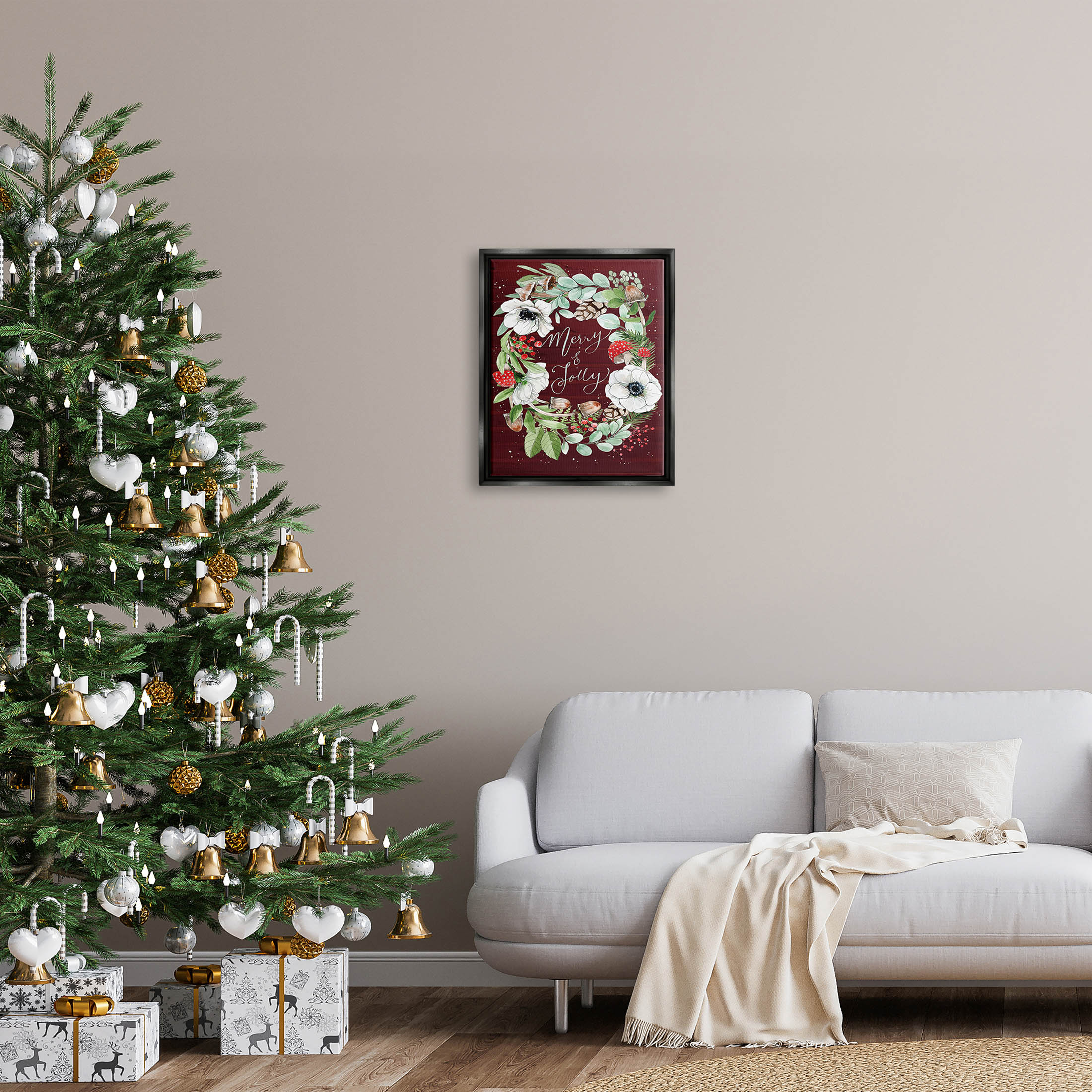 Merry & Jolly Seasonal Mushroom Wreath Holiday Graphic Art Jet Black Framed Art Print Wall Art