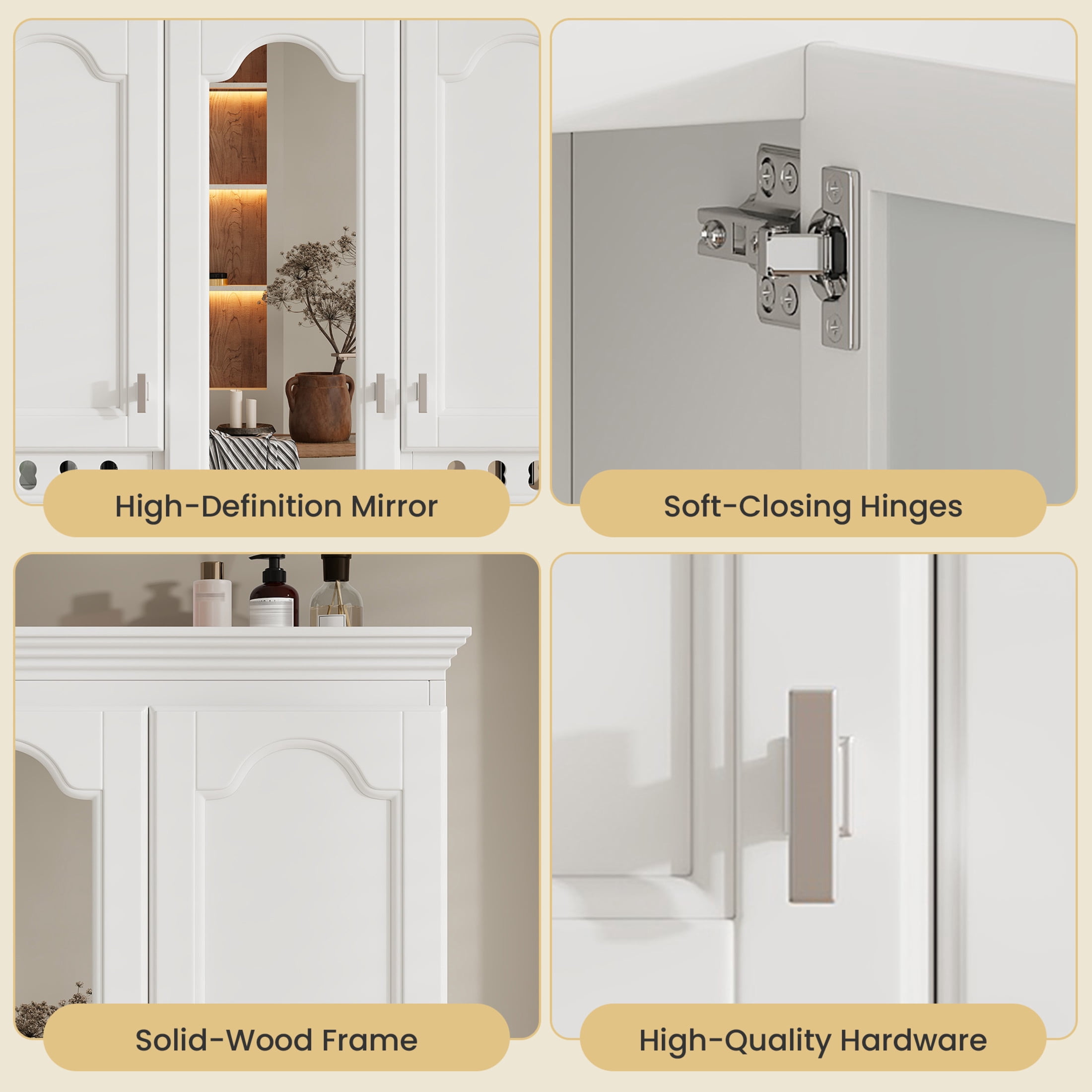 Noble House 35" Wall Mounted Mirror Cabinet with Adjustable Shelves, Soft-Close Hinges, White