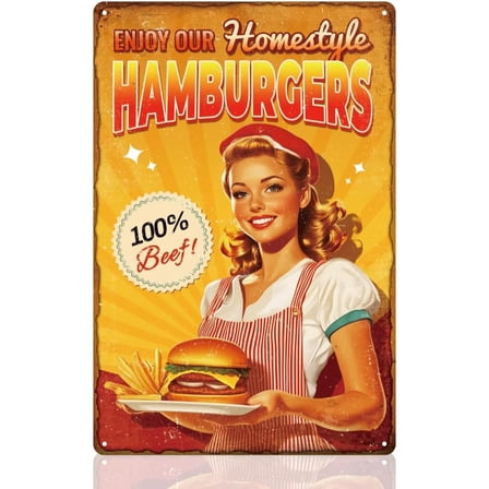 Hamburger Lady Restaurant Kitchen Wall Decor Sign Enjoy Our Homestyle Hamburgers Wall Art Vintage Metal Tin Poster for She Shed Room Decoration Gift for Mom Wife
