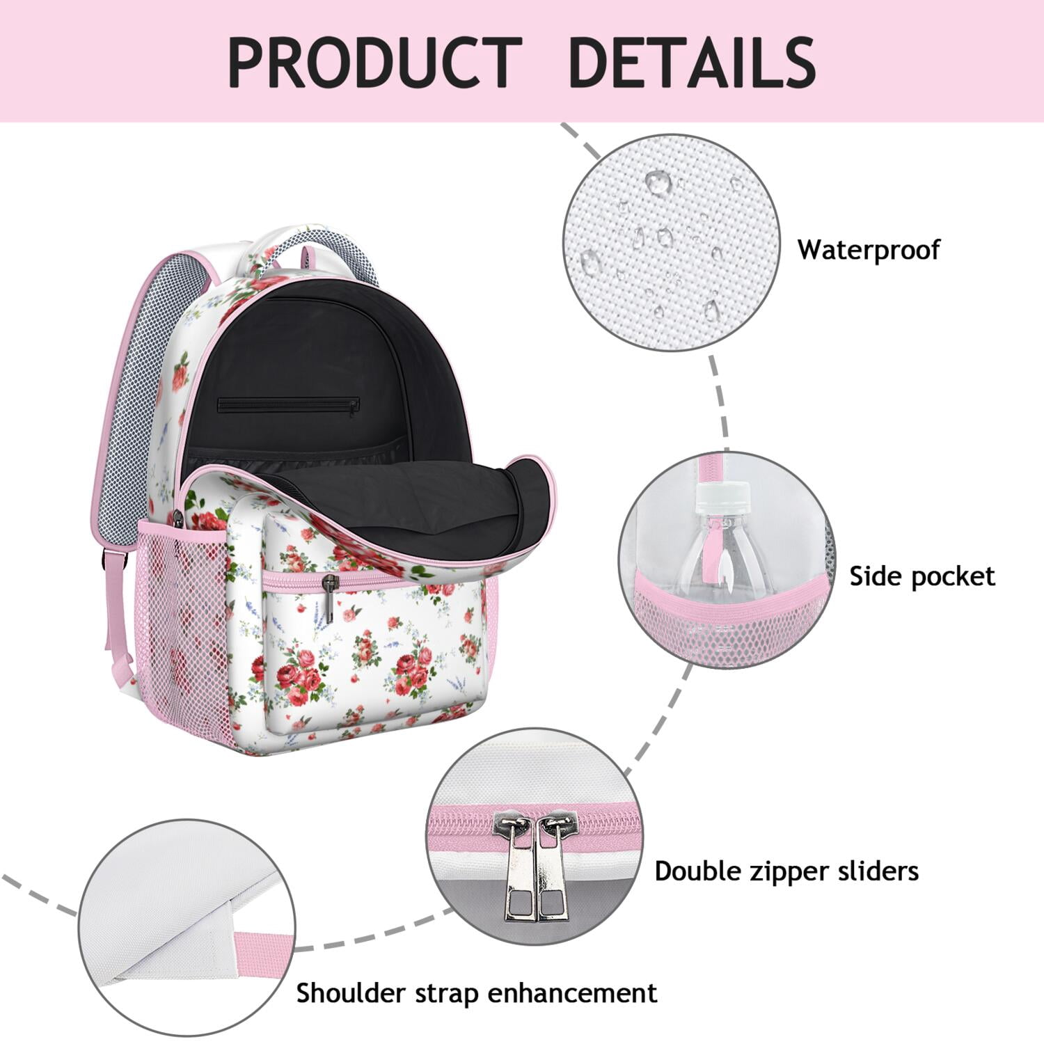 Romantic Rose and Peony Pattern Bookbag - Lightweight School Backpack with Padded Straps