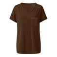 thumbnail image 3 of FASHOFT Girls Shirts Plus Size V Neck Pocket Rolled Edge Short Sleeve Top Loose Relaxed Summer Daily Outdoor Casual Wear Girls Casual Tops Coffee 15-16 Years, 3 of 5