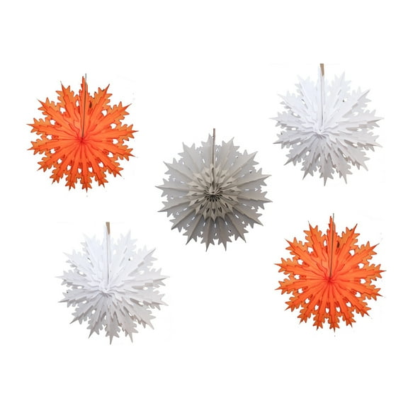 Devra Party 19 Inch Tissue Paper Snowflake Decorations, Set of 5, Orange Storm (Orange, Gray, White)