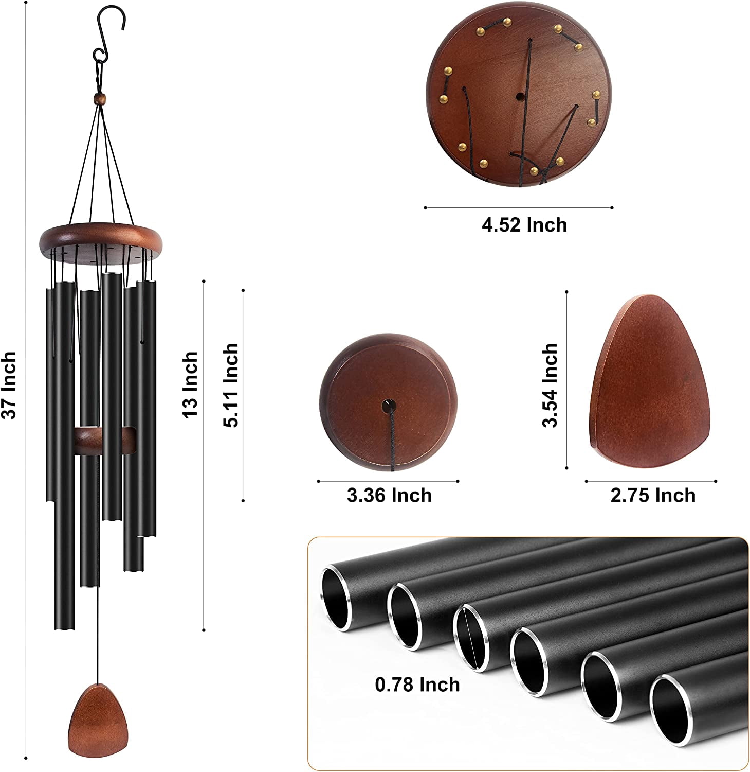37" Large Aluminium Wind Chimes Classic Black with Wind Catcher for Outdoor Garden Patio