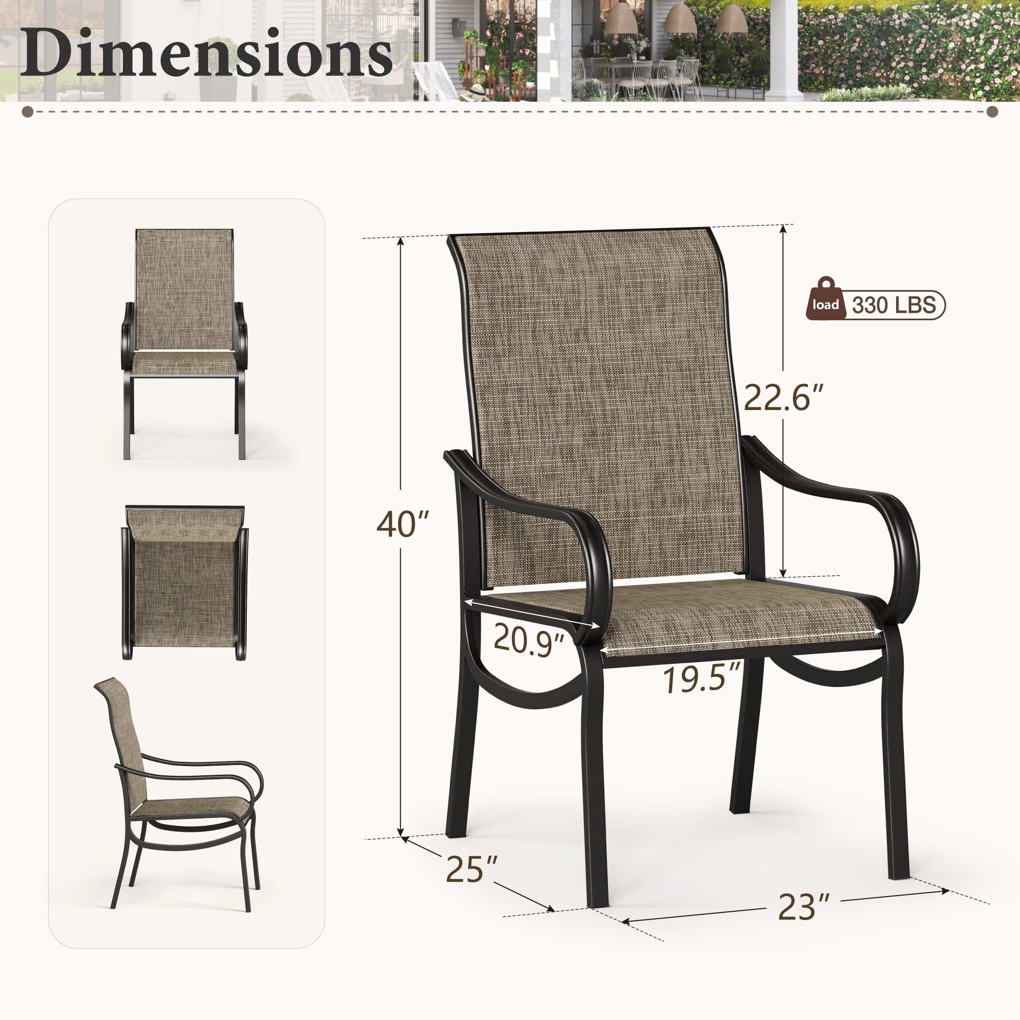 SUMMIT LIVING Outdoor Patio Dining Chairs Set of 4, 4-Piece Textilene Patio Chairs, Black & Brown-gray