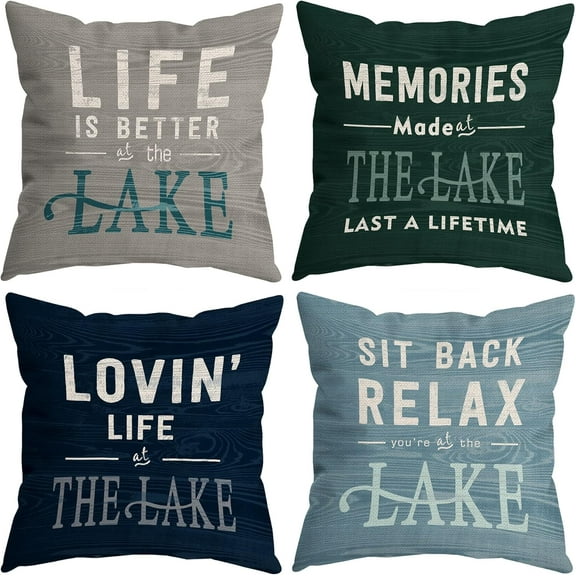 HUYAW Vintage Life is Better at The Lake Memories Made at The Lake Last A Life Time Throw Pillow Covers, Lake House Gifts, Lake Pillow Cases 18 x 18 Inch Home Lake House Sofa Decor Set of 4