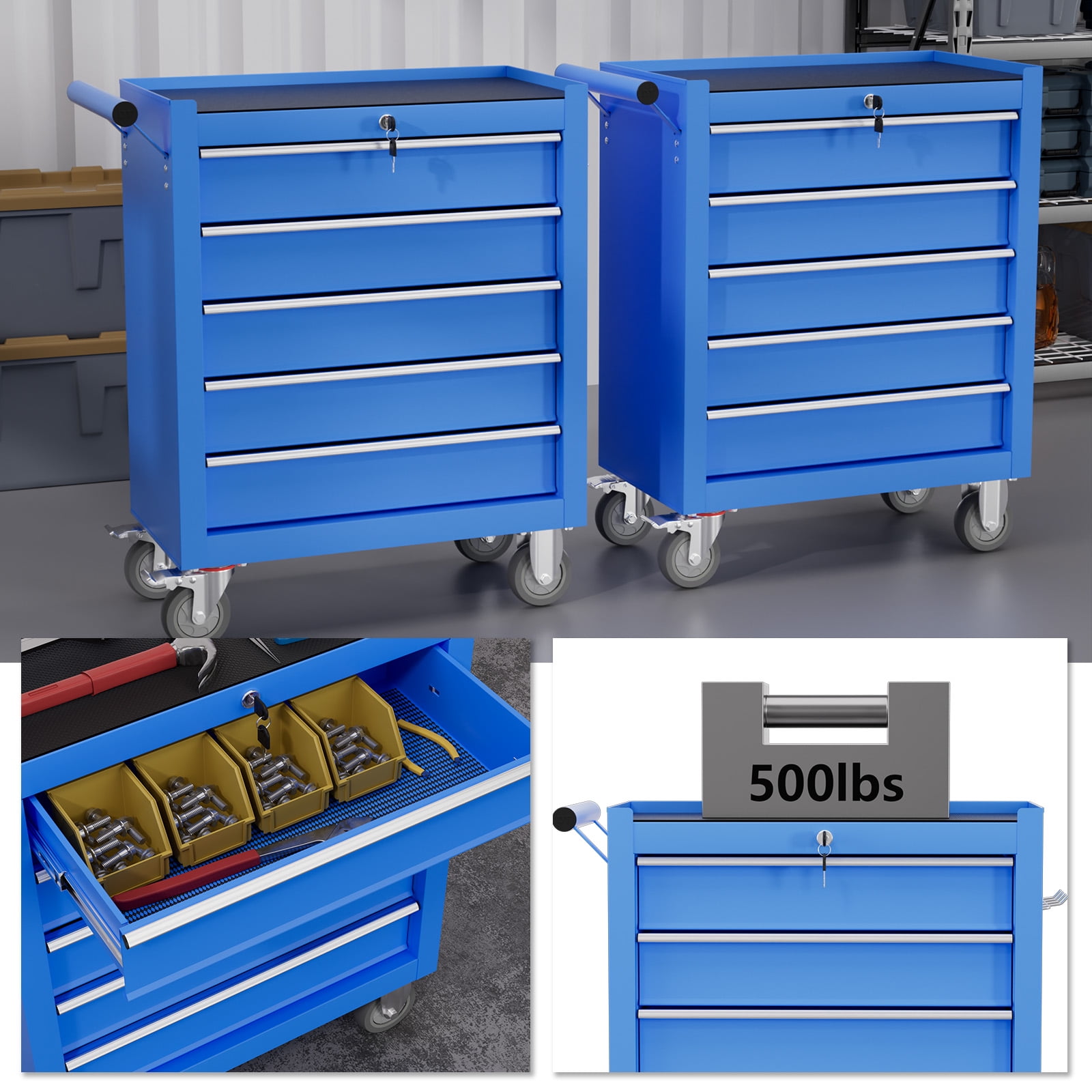 5-Drawer Tool Chest,Rolling Tool Cart with Wheels,High Capacity Tool Cabinet with Locking System for Garage, Warehouse, Workshop-Blue
