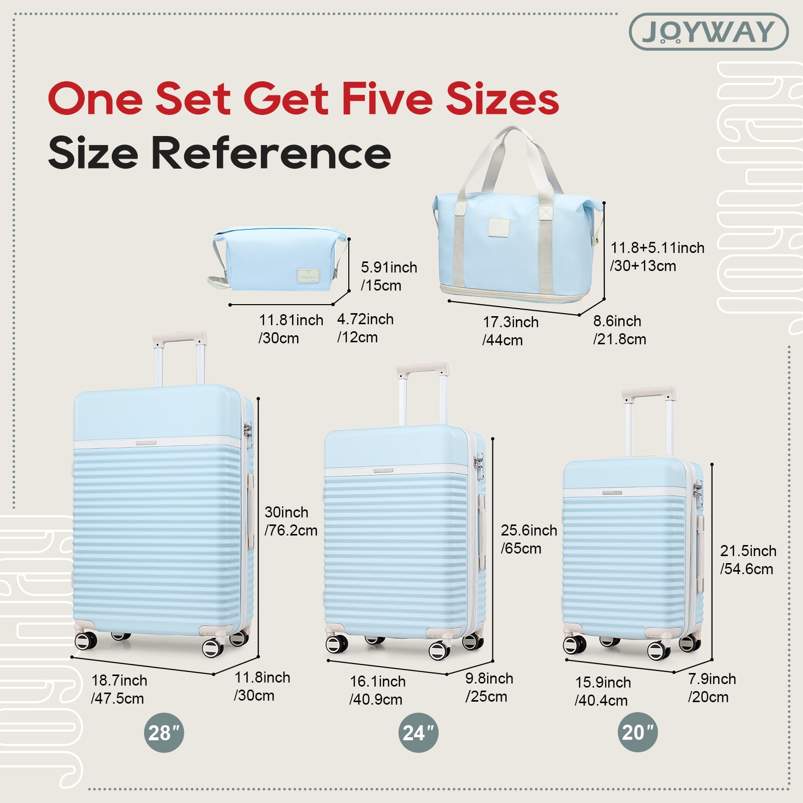 Joyway 5-Piece Luggage Set ABS Hardshell Spinner Suitcase with TSA Lock（Expandable 20"and 24" Carry-On）28"Checked Luggage- Blue