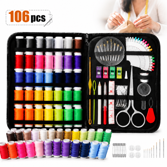 Genreen Sewing Kit for Adults (106 PCS) - Small Beginner Set w/Multicolor Thread, Needles, Scissors, Thimble & Clips - Emergency Repair and Travel Kits - Sewing Accessories and Supplies