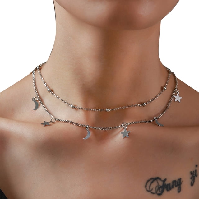 Collar bohemio de tres capas con estrella dorada y luna, gargantilla con estrella dorada, colgante, conjunto de gargantillas en capas, cadena multicapa