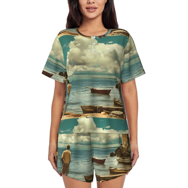 Fotbe Serene Coastal Blue Sky Conjunto de Pijama Estampado para Mujer, 2 Piezas, Ropa de Dormir con Camiseta de Manga Corta y Shorts Suaves-Medium