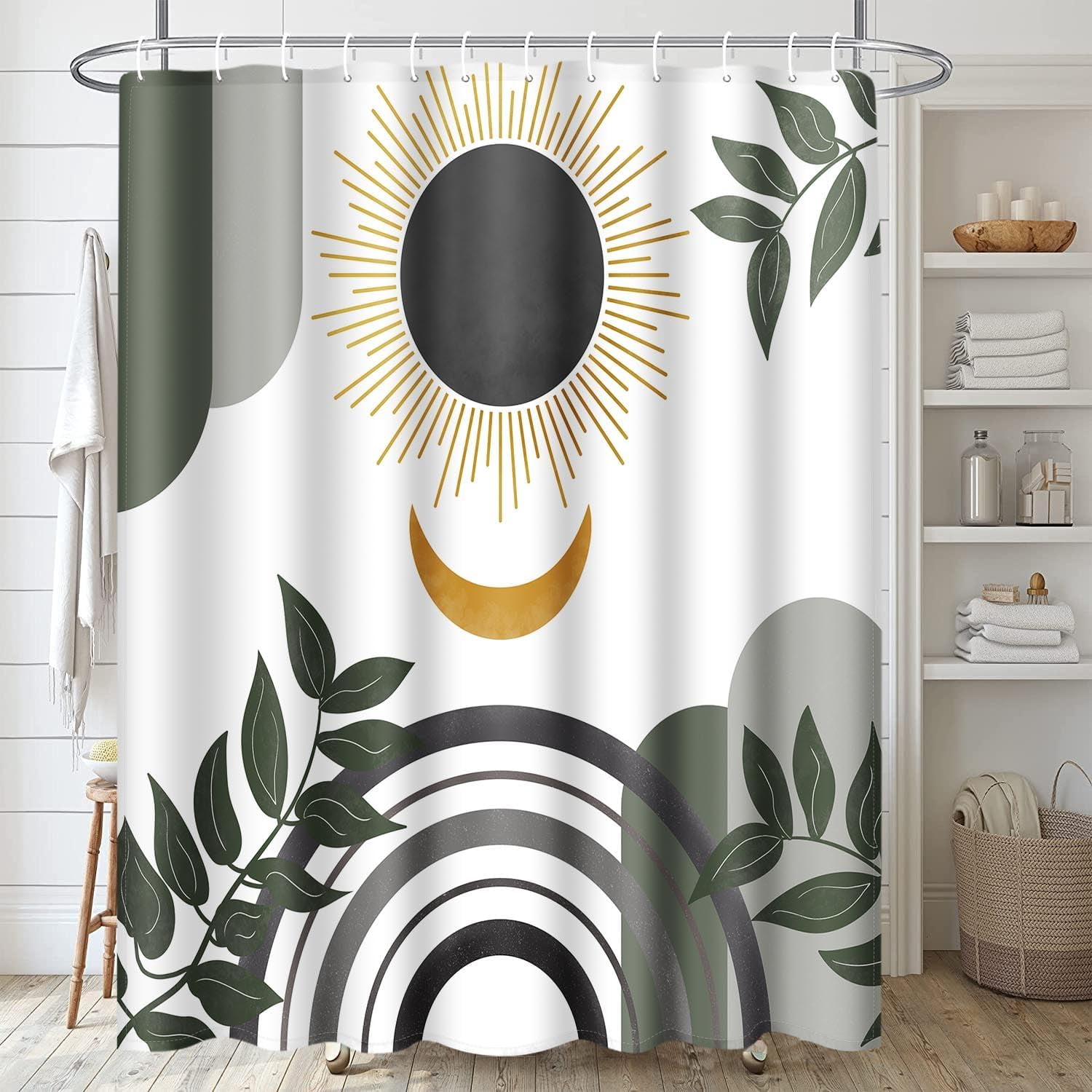Zrodlmo Boho Shower Curtain and Rug Sets, 16pc Anti-Mold Sun Moon Leaf Modern Bathroom Set, Machine Washable, 72" x 72", Dark Black