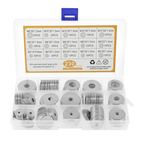230Pcs Stainless Steel Flat Washers for Screws and Bolts Lightweight Wear Resistant Fender Washers Stable Heatproof Hardware Washers Set for Home and Industrial Use