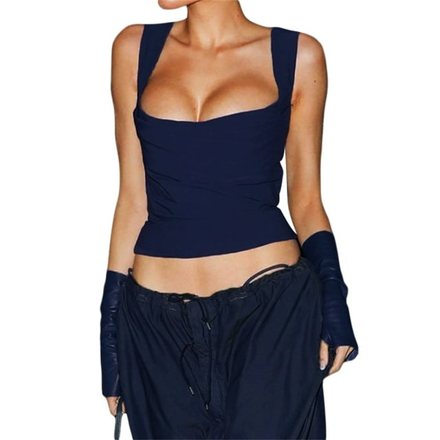 VISgogo, blusas cortas de verano para mujer, blusas cortas de color liso de corte bajo con tirantes anchos, chaleco delgado para fiesta/bar/club con ombligo para mujer VISgogo moda