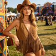 thumbnail image 2 of Wang6 Women's Suede Fringe Top Sleeveless Tie Front Western Cowgirl Deep V Neck Cropped Tank Tops 0728 Brown XL, 2 of 6