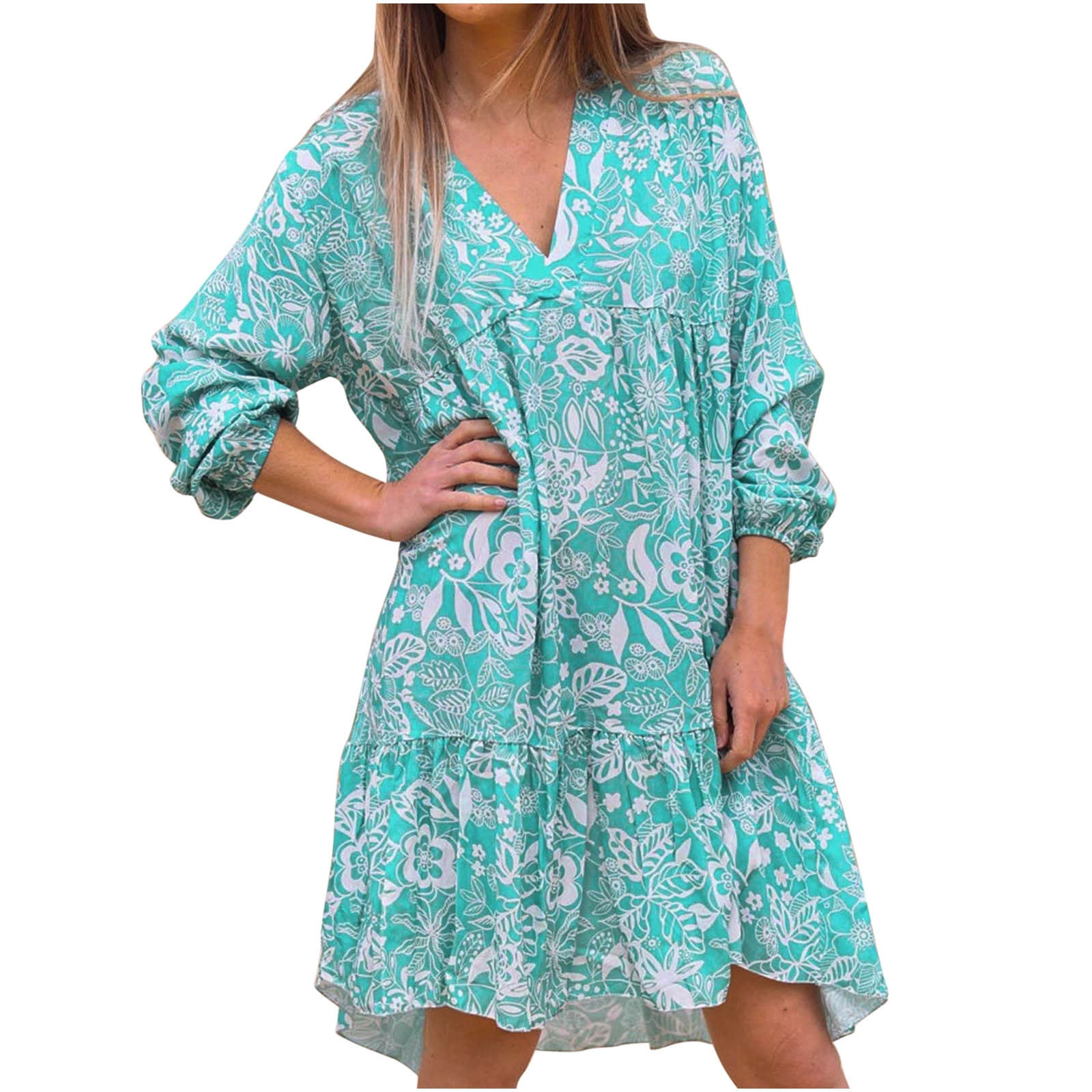 Robe Bohème Femme Manches Longues été - Col V Plissé, Fluide Et Ample - Couleur Unie Pour Sortie Décontractée Ou Occasion Chic - 8