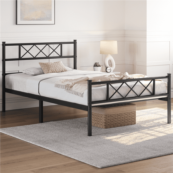 Renwick Metal Platform Bed with Headboard and Footboard, Twin XL, Black, Adult