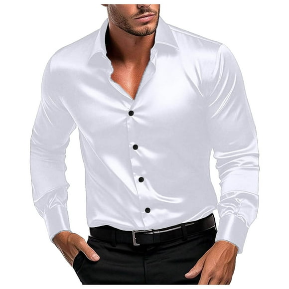 Ediodpoh Male Stretch Dress Shirts Formal Wedding Prom Long Sleeve Slim Fit Button Down Shirt Mens Tops White S