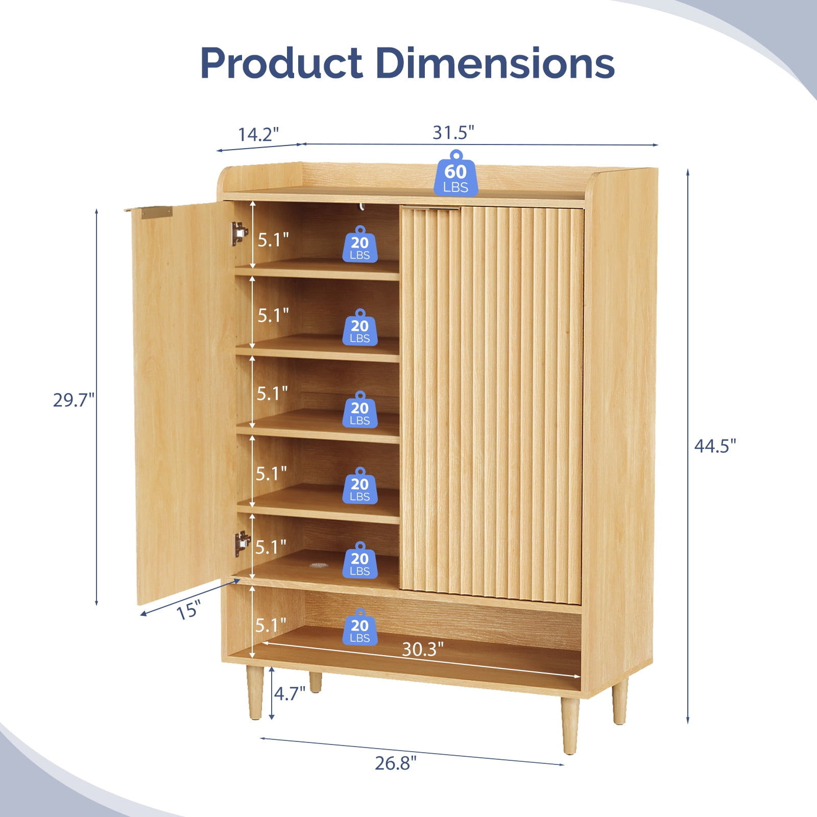2 Cabinet Doors with Top Enclosure and 1 Row of Shelves for Shoe Cabinets Melamine Board + MDF Conical Leg Grille Shoe Cabinet 31.61*14.17*41.97in Oak