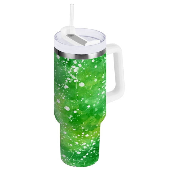 40 oz Insulated Stainless Steel Tumbler Double Wall Stainless Steel Tumbler with 2-Way Drinking Green Ink Splatter Pattern