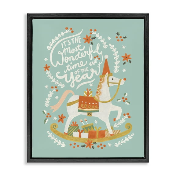 Stupell Industries Seasonal Horse & Sled Phrase Holiday Painting Black Floater Framed Canvas Art Print Wall Art, 17 x 21