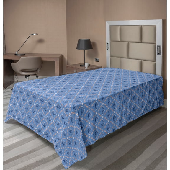 Ambesonne Floral Flat Sheet, Laurel Leaves Blue Peach, TwinXL Size, Ceil Blue Peach