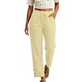 thumbnail image 2 of HomeDM Women's Capri Pants Straight Leg Drawstring Waist Side Button Trim Hem Beige Lounge Trousers with Pockets Size S, 2 of 7