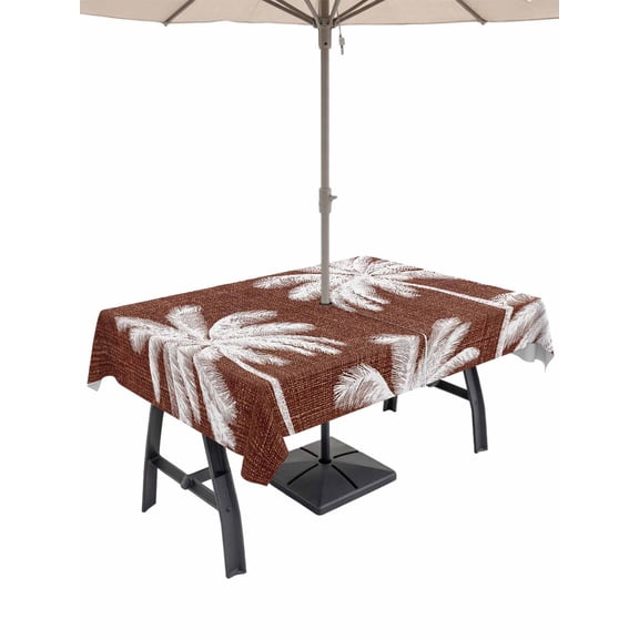 Outdoor Tablecloth with Umbrella Hole & Zipper, Brown Palm Tree Rectangle Tablecloth 60x102 Inch, Summer Botancial Tropical Farmhouse Patio Table Cover Waterproof Table Cloth for Picnic/Party