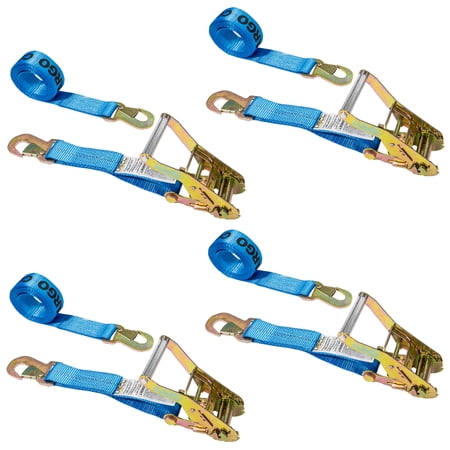 2" x 8' Blue Ratchet Strap w/ Short Wide Ratchet & Flat Snap Hooks - 4 Pack