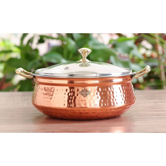 Indian Art Villa Steel Copper Tuffen Serving Casserole with Glass Lid, 9.2 Inches - 74 Oz, Tableware