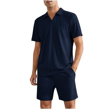 YLSDY Mens Lounge Set Ribbed Knit Pajamas Set 2 Piece Short Set Outfits Lapel V Neck Shirts Summer Soft Sleepwear Loungewear Navy 12