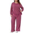 thumbnail image 2 of Agnes Orinda Women's Plus Size 2 Piece Outfits Sets Crew Neck Asymmetrical Fringe Hem Ribbed Knit Casual Long Sleeve Blouse and Wide Leg Pants 2X Rose Red, 2 of 6